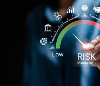 Businesswoman analyzing risk and opportunities to planning business via risk level indicator virtual rating low to high digital virtual, Risk management strategies concept.
